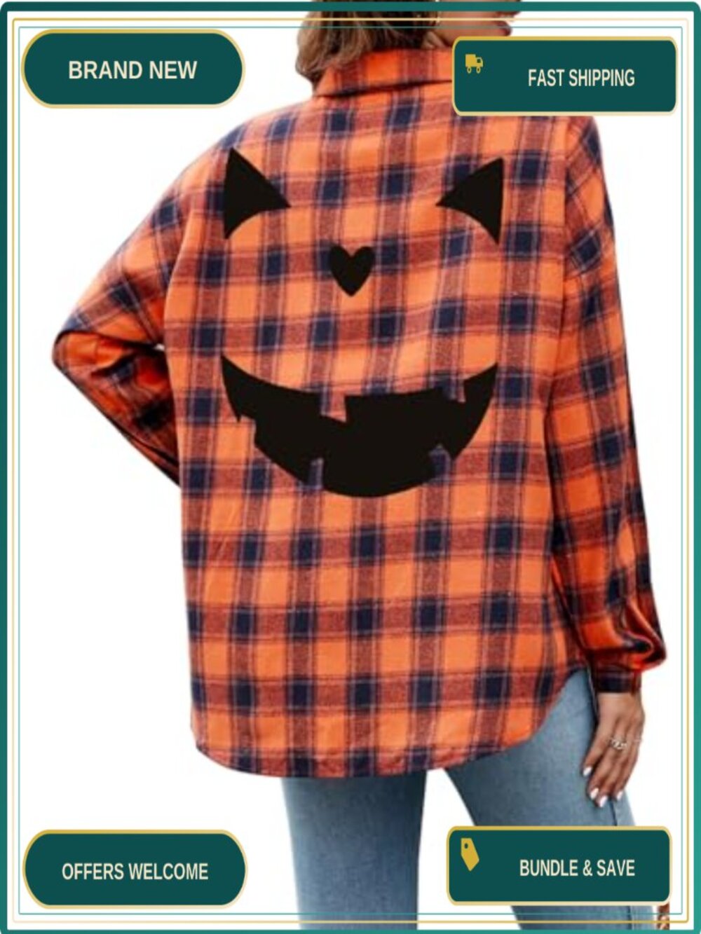 Halloween Plaid Button Down Shirt Long Sleeve Pumpkin Graphic